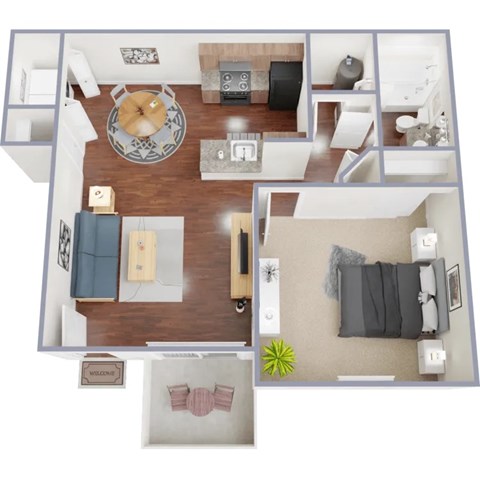 A top-down view of a living room with a couch, a coffee table, and a rug.